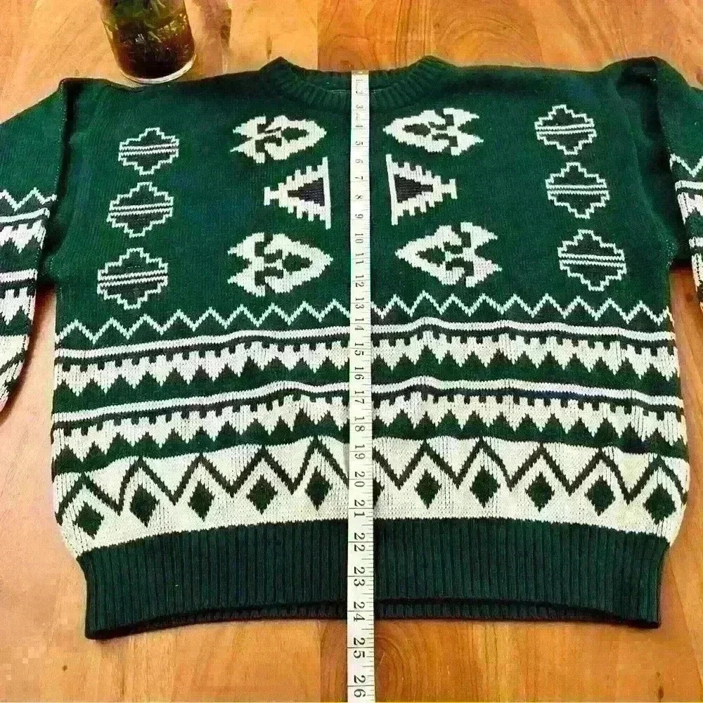 Vintage Bohemian Oversized Multicolored Green Pattern Crew Neck Sweater jumper - Picture 12 of 15
